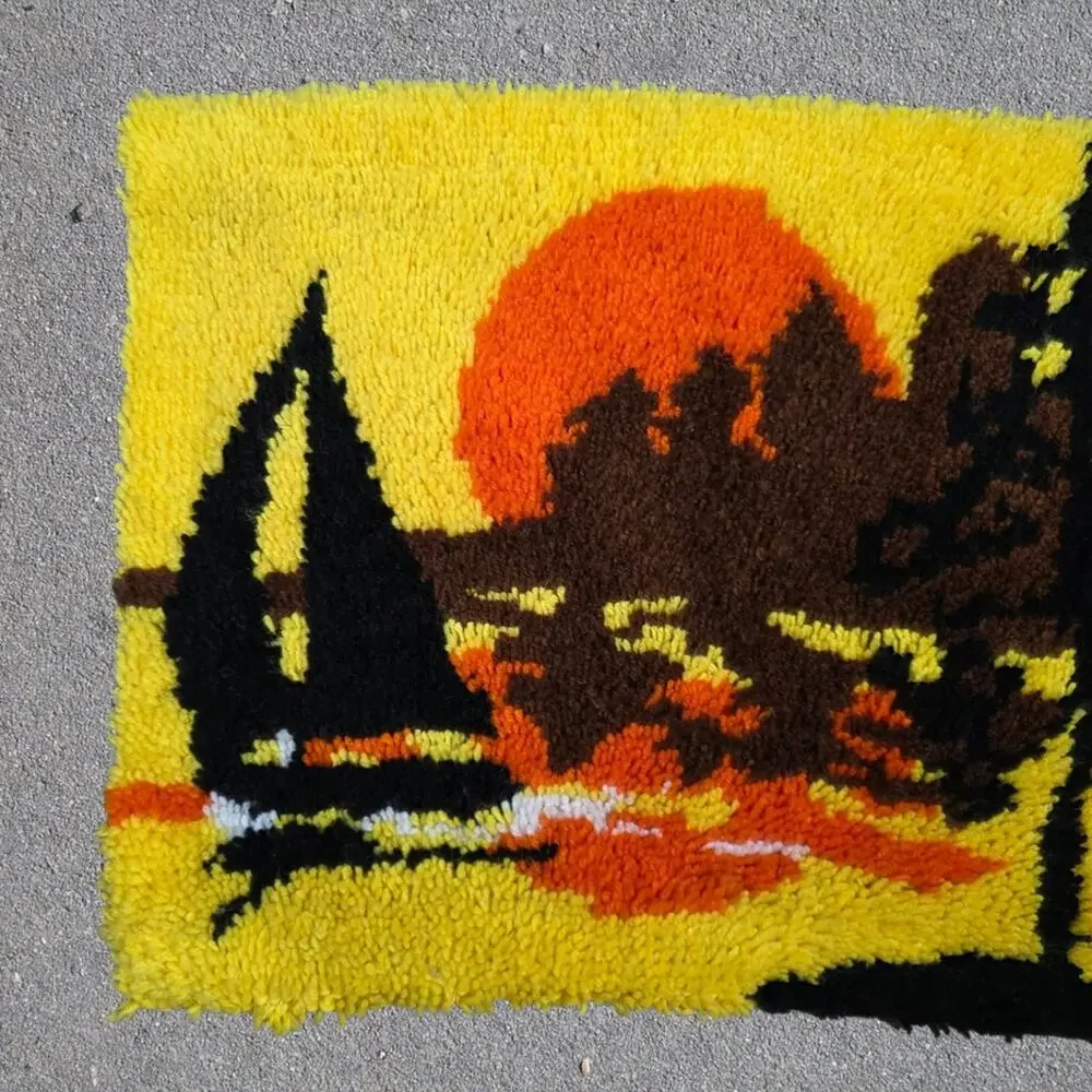 Vintage Handmade Latch Hook Rug – Sailboat Sunset Wall Hanging – 26.5 x 20